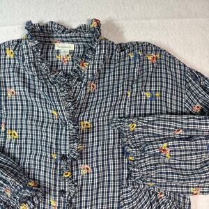Sundance Med plaid embroidered flowers 3/4 sleeve Button Up with Ruffled Trim